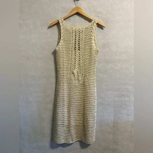 Zara knit crochet sleeveless beach resort wear mini femenine dress SZ M tan boho - Picture 3 of 10